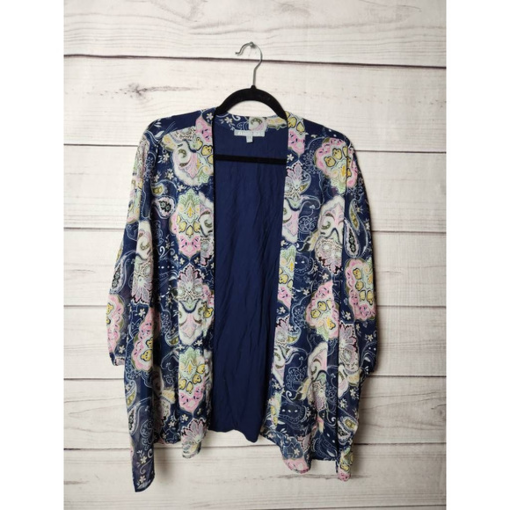 Daniel Rainn Womens Kimono Blue Floral Open‎ Front Long Sleeve Waterfall S
